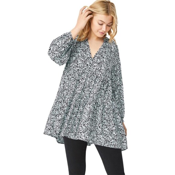 Ellos Blouse Tiered Tunic with Notch Plus Size 1X 22/24 Floral V-Neck 3/4 Sleeve - Picture 1 of 12